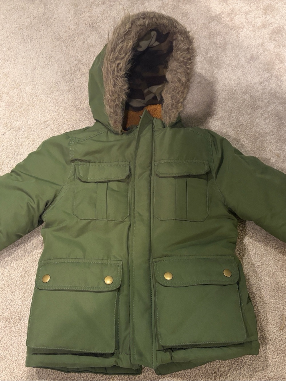 NWT Carter's  Boys Faux Fur Hooded Winter Parka Jacket Olive Green- Size 6